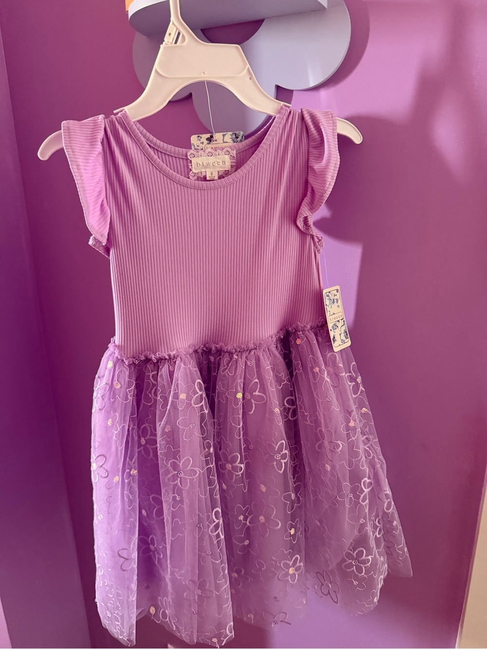btween Lavender Ribbed Bodice Tulle Dress with Floral Embroidery